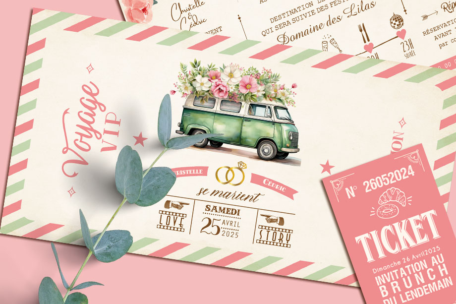 Faire-part original sous forme de billets ou de tickets vintage.Thème Voyage bohème vintage avec van combi volkswagen pastel. Invitation vanlife pour mariage, Baptême, anniversaire, bar mitzvah.