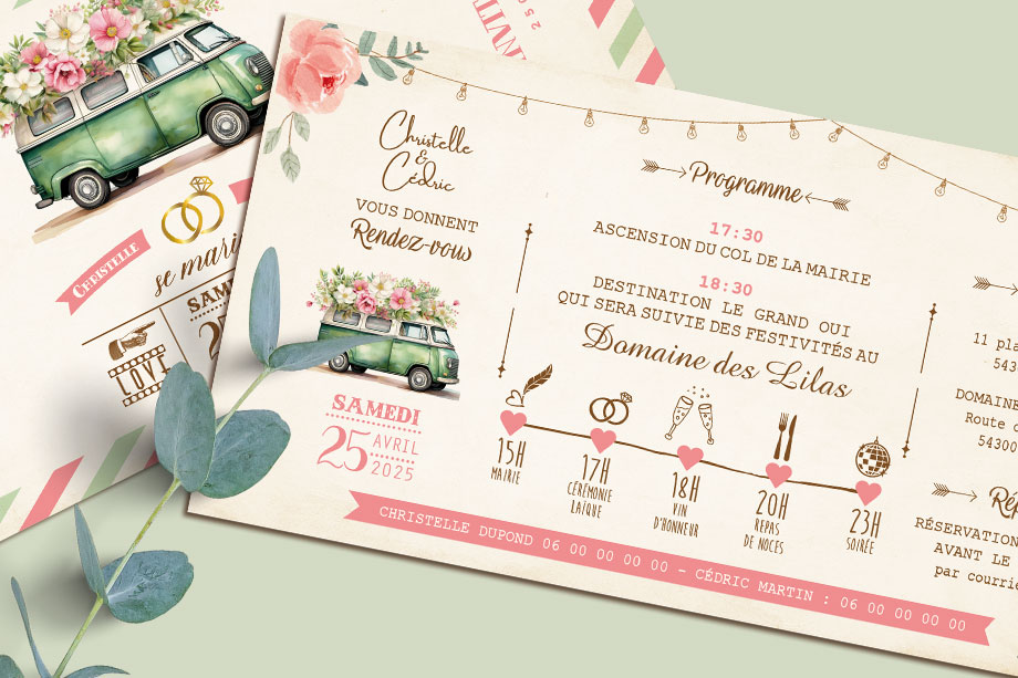 Faire-part original sous forme de billets ou de tickets vintage.Thème Voyage bohème vintage avec van combi volkswagen pastel. Invitation vanlife pour mariage, Baptême, anniversaire, bar mitzvah.