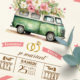 Faire-part original sous forme de billets ou de tickets vintage.Thème Voyage bohème vintage avec van combi volkswagen pastel. Invitation vanlife pour mariage, Baptême, anniversaire, bar mitzvah.