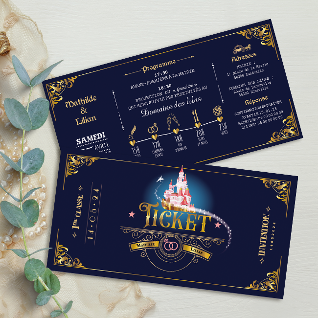 Invitation ou faire-part original sous forme de billets ou de tickets de princesse Disney vintage.Thème voyage au château de la Belle au bois dormant. Invitation pour mariage, Baptême, anniversaire, bar mitzvah.