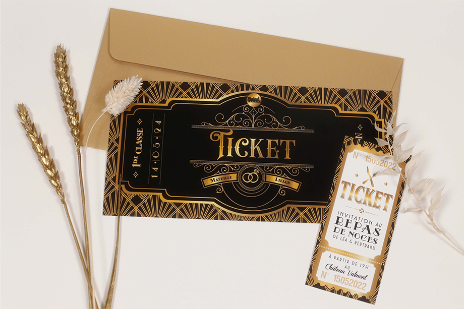 Faire-part de mariage original sous forme de billet de train ou d'avion rétro et ticket de cinéma rétro thème années 20. Avec un style art déco Gatsby digne des grandes années folles - noir et or. Ticket repas ou invitation pour l'hébergement , le retour de noces ou le brunch du lendemain