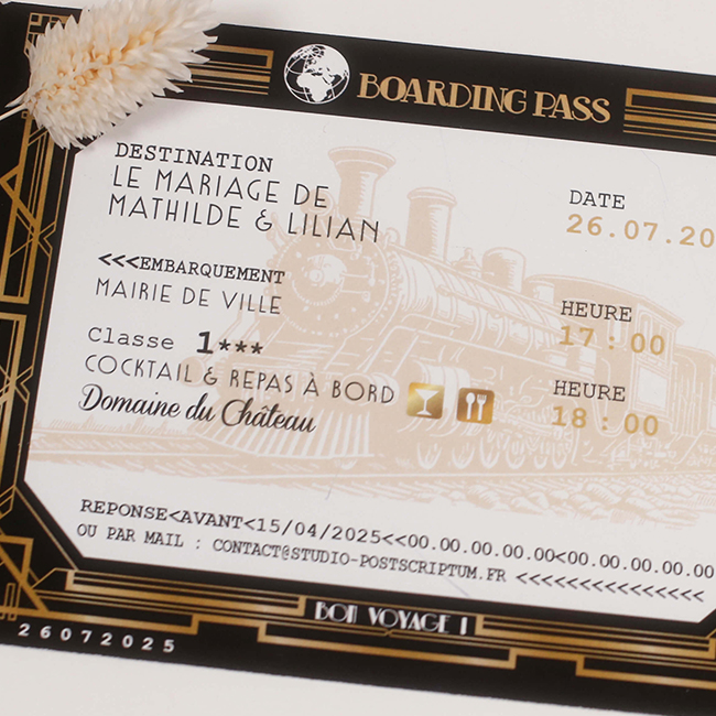 Faire-part de mariage sous forme de billet de train ou d'avion rétro thème années 20. Avec un style art déco Gatsby digne des grandes années folles - noir et or