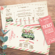 Invitation ou faire-part original sous forme de billets ou de tickets vintage.Thème Voyage bohème vintage avec van combi volkswagen pastel. Invitation vanlife pour mariage, Baptême, anniversaire, bar mitzvah.