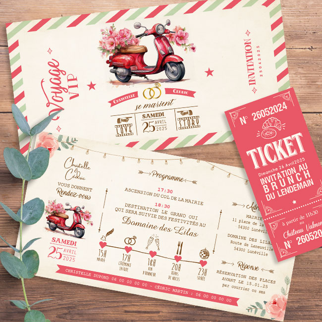 Invitation ou faire-part original sous forme de billets ou de tickets.Thème Voyage vintage, billet de train rétro aquarelle avec Vespa rouge - couleurs de l'Italie Dolce Vita Invitation pour mariage, Baptême, anniversaire, bar mitzvah.