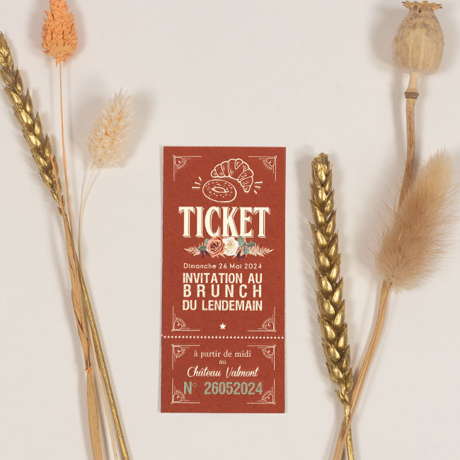 Ticket repas ou brunch vintage - invitation de mariage bohème et champêtre chic original - terracotta sauge et fleurs de pampa séchées