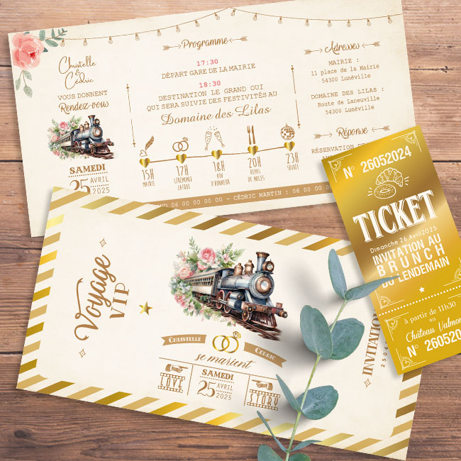 Invitation ou faire-part original sous forme de billets ou de tickets.Thème Voyage vintage, billet de train à vapeur rétro aquarelle. Invitation pour mariage, Baptême, anniversaire, bar mitzvah.