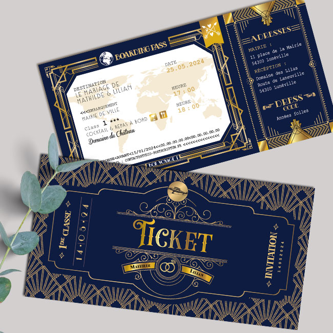 Faire-part de mariage original sous forme de billet d'avion rétro et ticket de cinéma rétro thème années 20. Avec un style art déco Gatsby ou Peacky Blinders digne des grandes années folles - vert et or. Invitation pour mariage, Baptême, anniversaire, bar mitzvah.