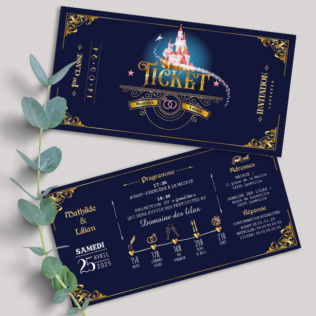 Invitation ou faire-part original sous forme de billets ou de tickets de princesse Disney vintage.Thème voyage au château de la Belle au bois dormant. Invitation pour mariage, Baptême, anniversaire, bar mitzvah.