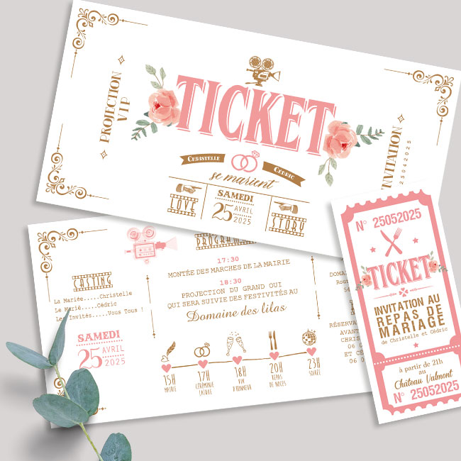 Faire-part original sous forme de billets ou de tickets de cinéma rétro. Thème romantique vintage avec film d'amour Invitation personnalisée pour mariage, Baptême, anniversaire, bar mitzvah.