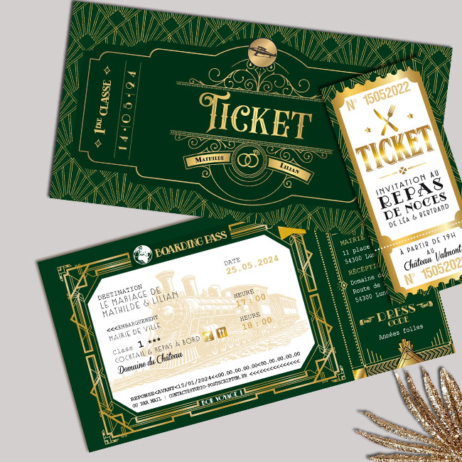 Faire-part de mariage original sous forme de billet de train à vapeur Peacky Blinders rétro et ticket de cinéma rétro thème années 20. Avec un style art déco Gatsby ou Peacky Blinders digne des grandes années folles - vert et or. Invitation pour mariage, Baptême, anniversaire, bar mitzvah.