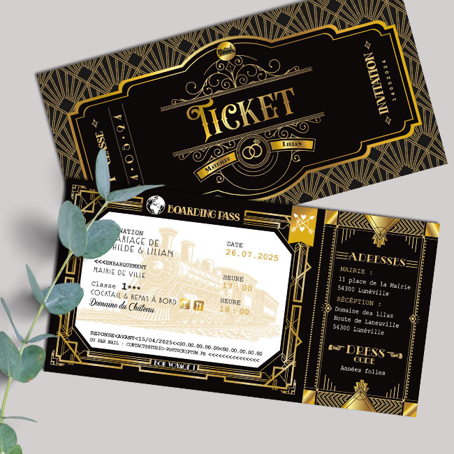 Faire-part de mariage original sous forme de billet d'avion rétro et ticket de cinéma rétro thème années 20. Avec un style art déco Gatsby ou Peacky Blinders digne des grandes années folles - noir et or. Invitation pour mariage, Baptême, anniversaire, bar mitzvah.