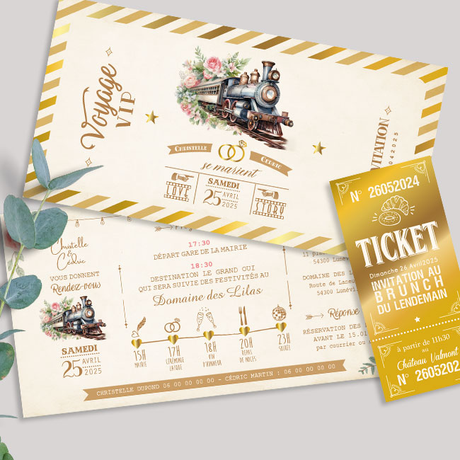 Invitation ou faire-part original sous forme de billets ou de tickets.Thème Voyage vintage, billet de train à vapeur rétro aquarelle. Invitation pour mariage, Baptême, anniversaire, bar mitzvah.