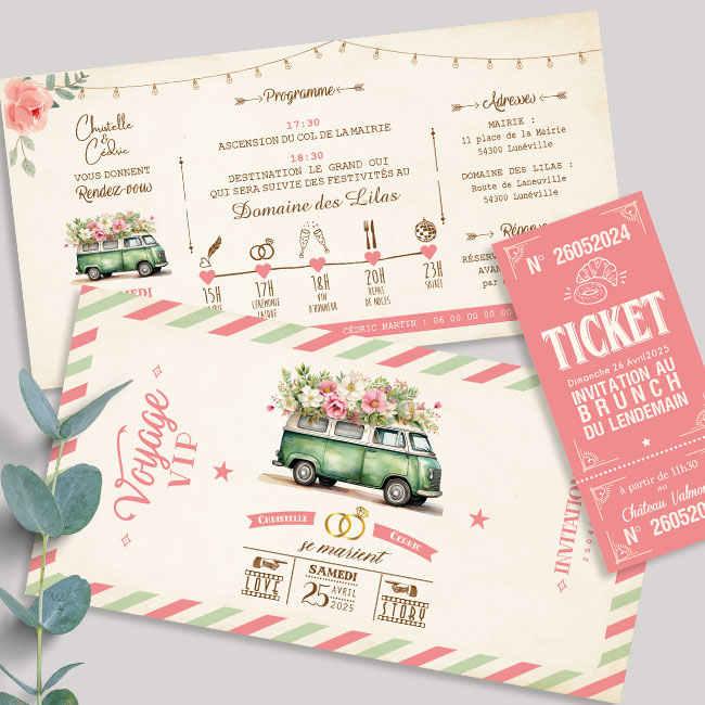 Invitation ou faire-part original sous forme de billets ou de tickets vintage.Thème Voyage bohème vintage avec van combi volkswagen pastel. Invitation vanlife pour mariage, Baptême, anniversaire, bar mitzvah.