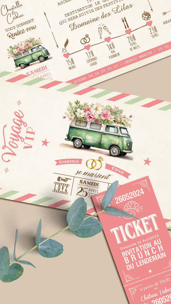 Faire-part original sous forme de billets ou de tickets vintage.Thème Voyage bohème vintage avec van combi volkswagen pastel. Invitation vanlife pour mariage, Baptême, anniversaire, bar mitzvah.