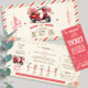 Faire-part original sous forme de billets ou de tickets vintage.Thème Voyage bohème Dolce vita vintage avec mobylette vespa rouge et vert. Invitation aquarelle pour mariage, Baptême, anniversaire, bar mitzvah.